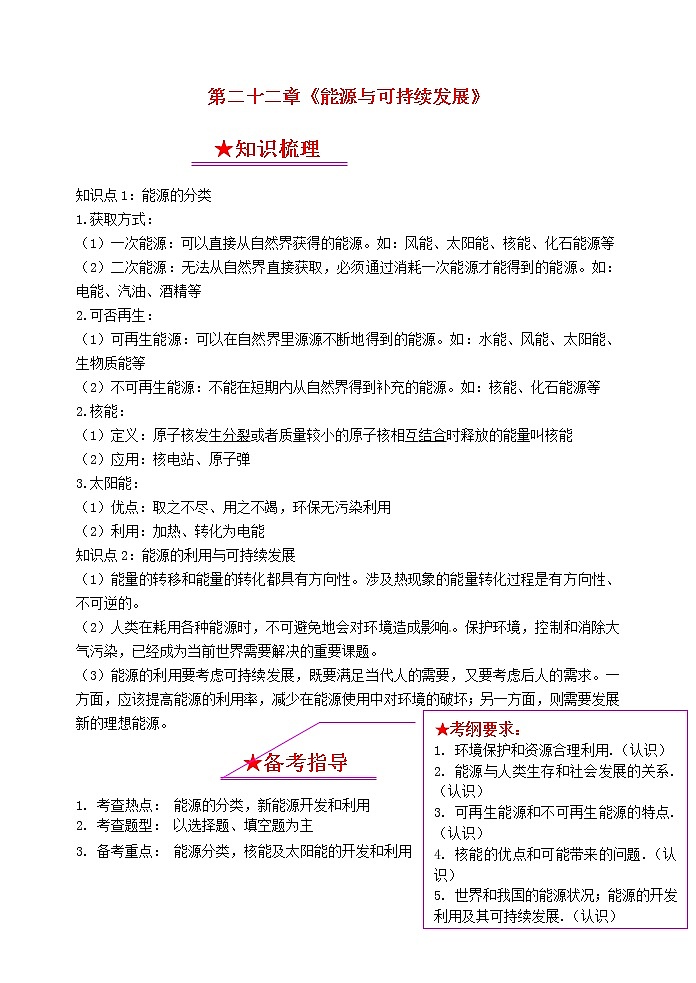 初中物理中考复习 中考物理总复习系列22能源与可持续发展 试卷01