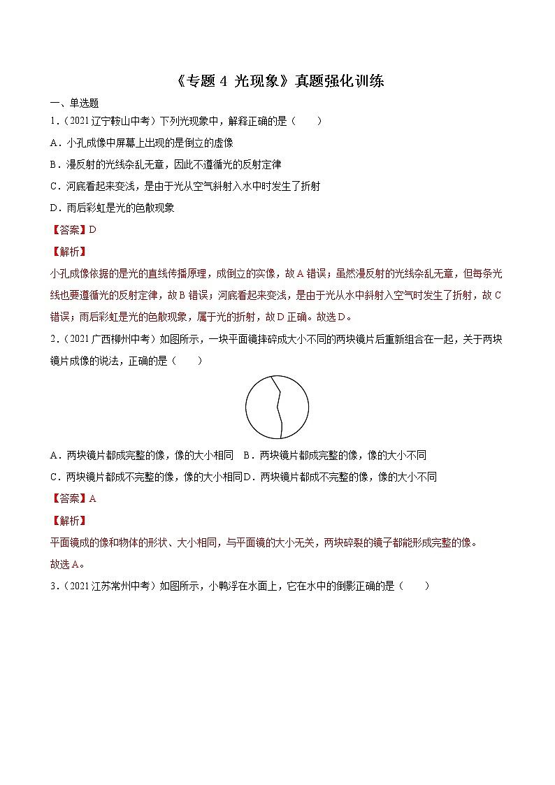 初中物理中考复习 专题4 光现象 真题强化训练（解析版）第1页