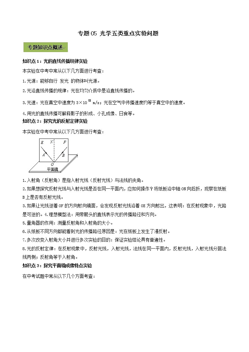 初中物理中考复习 专题05 中考光学五类重点实验问题（原卷版）第1页