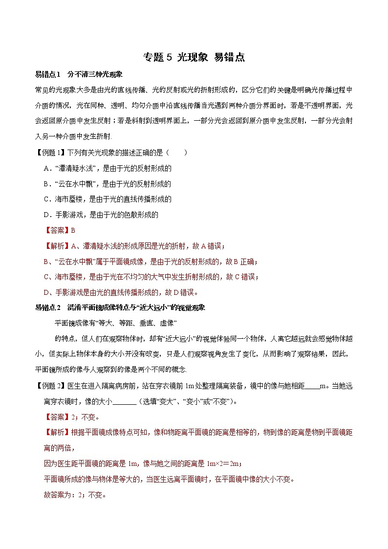 初中物理中考复习 专题5 光现象 易错点（解析版）01
