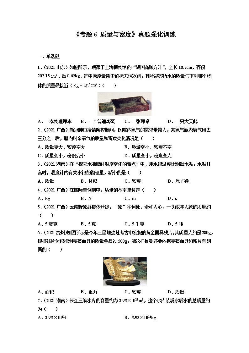 初中物理中考复习 专题6 质量与密度 真题强化训练（原卷版）01