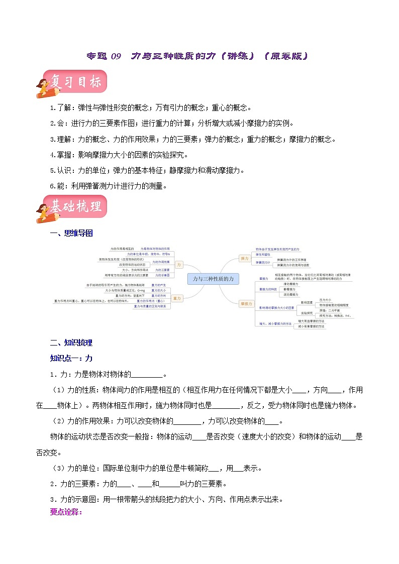 初中物理中考复习 专题09  力与三种性质的力（讲练）（原卷版）-2022年中考一轮复习讲练测第1页