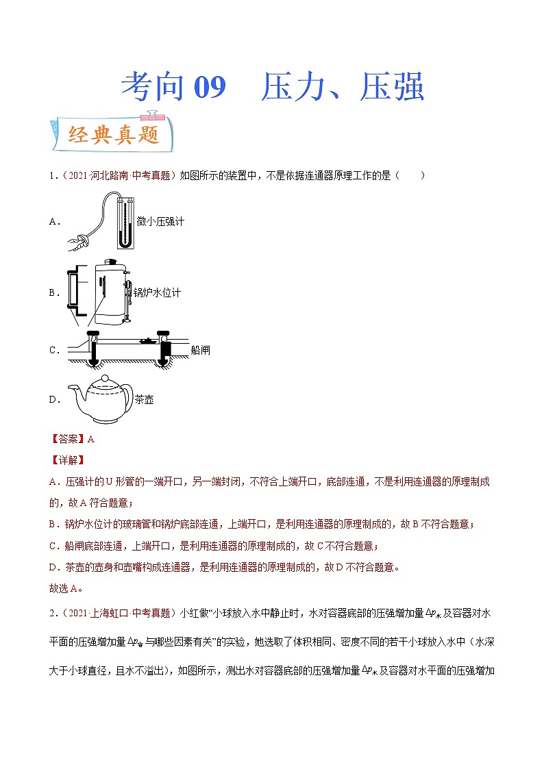 初中物理中考复习 专题09压力 压强-备战2022年中考物理一轮复习考点微专题01
