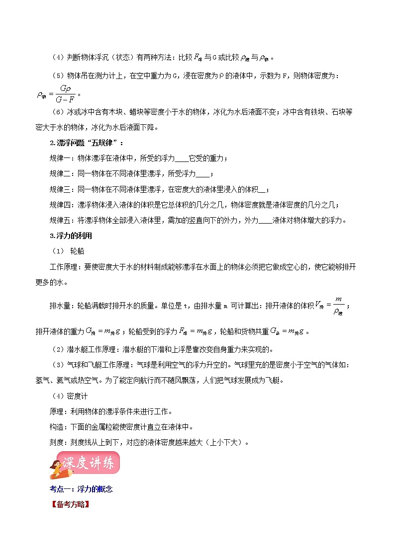 初中物理中考复习 专题12  浮力（讲练）（原卷版）-2022年中考一轮复习讲练测03