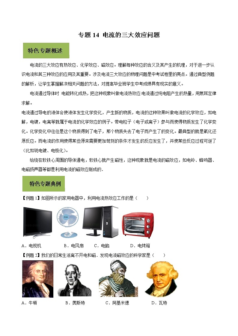 初中物理中考复习 专题14 电流的三大效应问题（原卷版）01