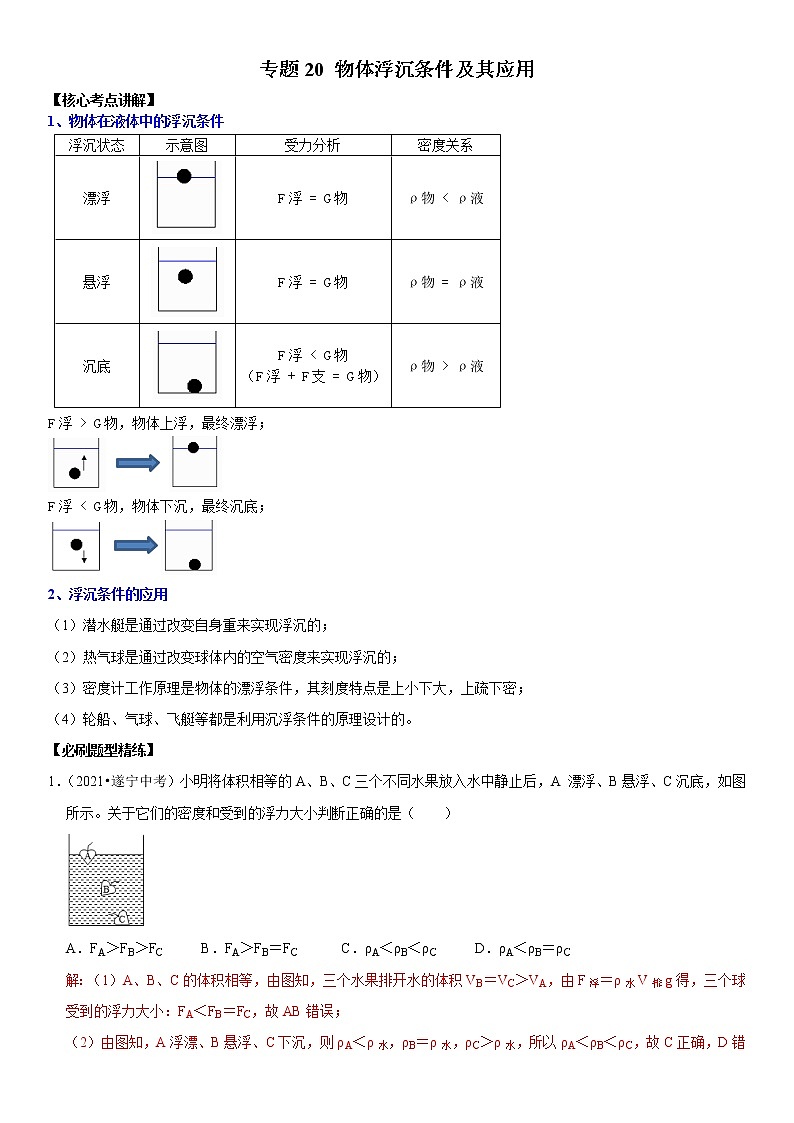 初中物理中考复习 专题20 物体浮沉条件及其应用（解析版）-2022年中考物理二轮专项复习核心考点突破与必刷题型汇编（全国通用）第1页