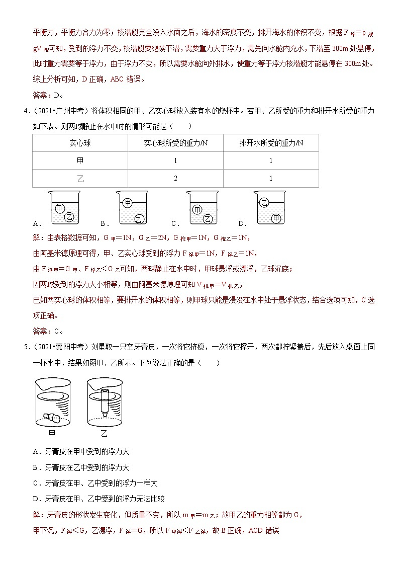 初中物理中考复习 专题20 物体浮沉条件及其应用（解析版）-2022年中考物理二轮专项复习核心考点突破与必刷题型汇编（全国通用）第3页