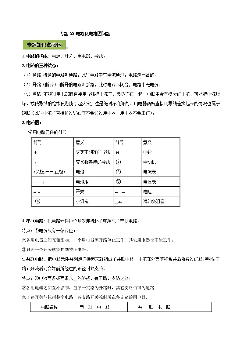 初中物理中考复习 专题22 中考电路及电路图问题（原卷版）01