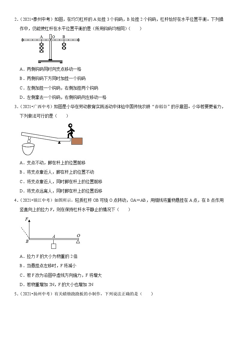 初中物理中考复习 专题24 杠杆平衡分析及应用（原卷版）-2022年中考物理二轮专项复习核心考点突破与必刷题型汇编（全国通用）第2页