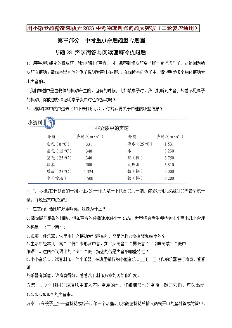 初中物理中考复习 专题28 声学简答与阅读理解冷点问题（原卷版）01