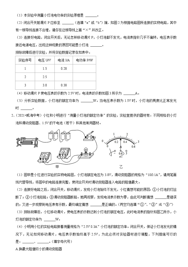初中物理中考复习 专题37 测量小灯泡的电功率（原卷版）-2022年中考物理二轮专项复习核心考点讲解与必刷题型汇编（全国通用）02