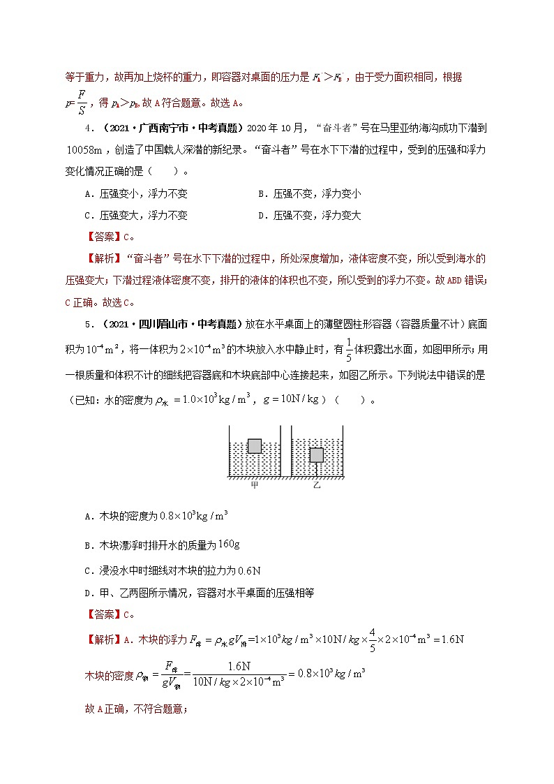 初中物理中考复习 专项二  压强、浮力综合（解析版） 练习03