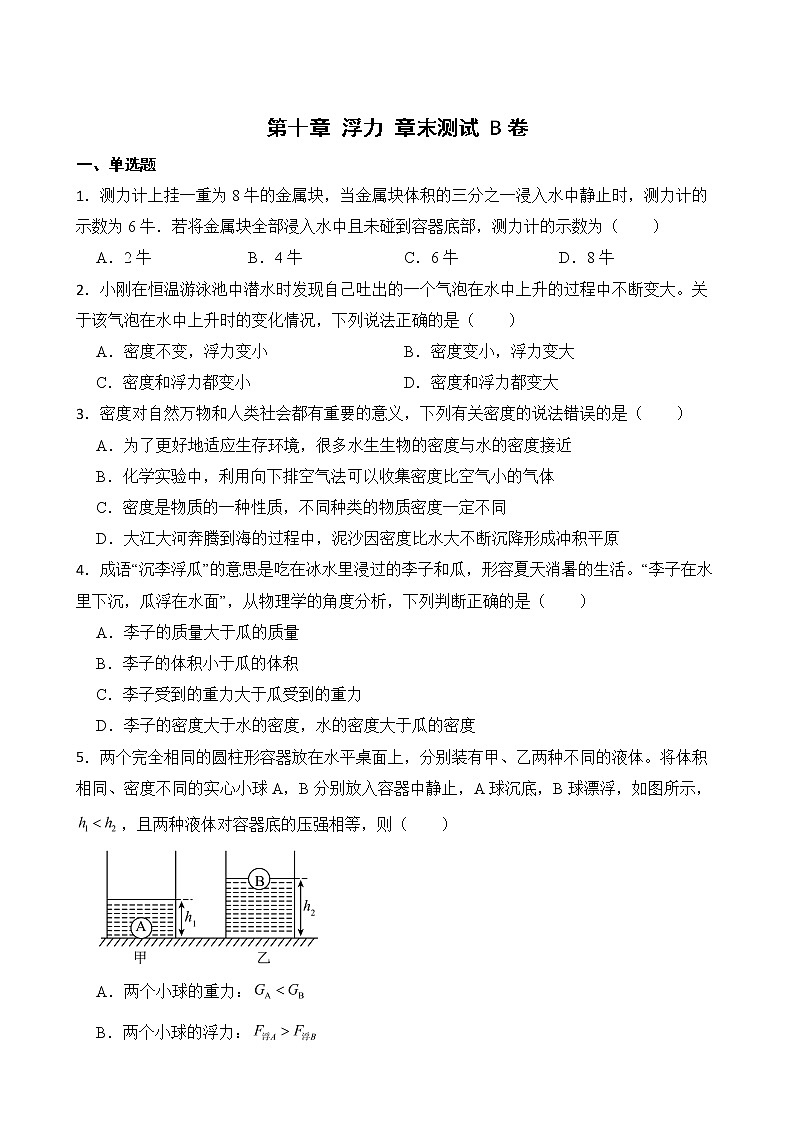 第十章 浮力 章末测试 B卷（学生卷）第1页