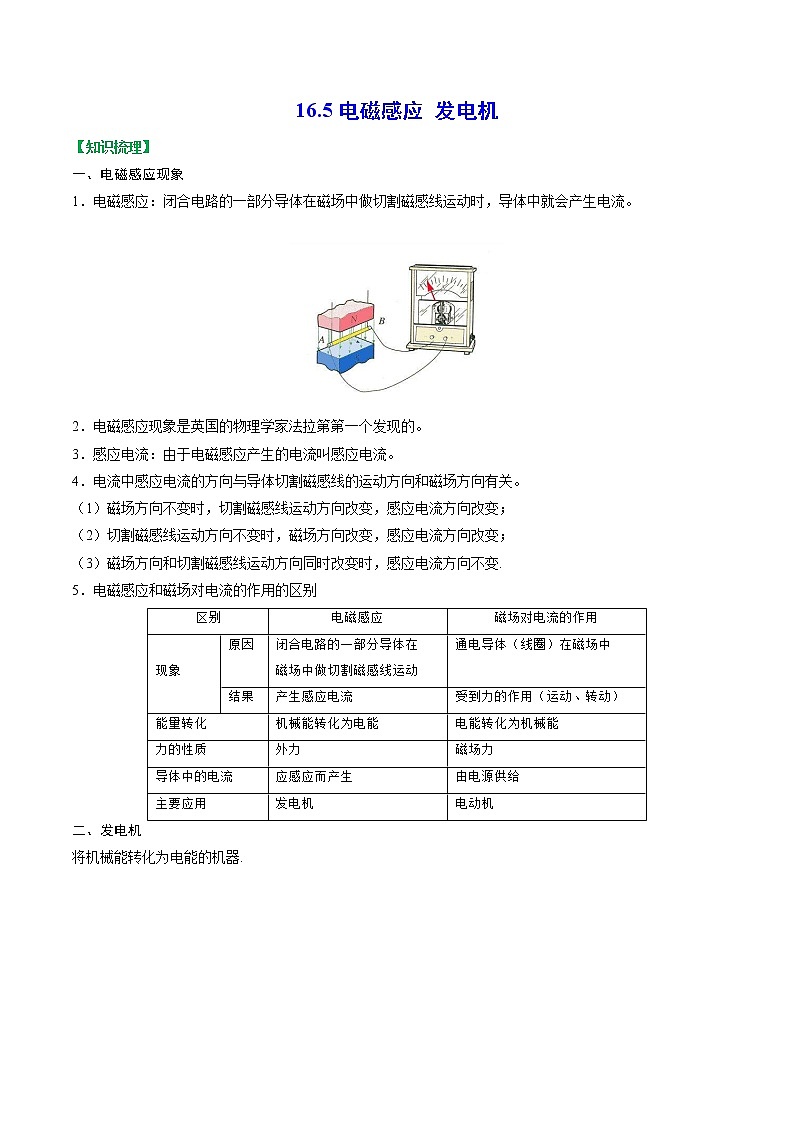 【同步练习】苏科版初三物理下册 第16章《电磁转换》16.5 电磁感应 发电机（知识梳理+易错点）01