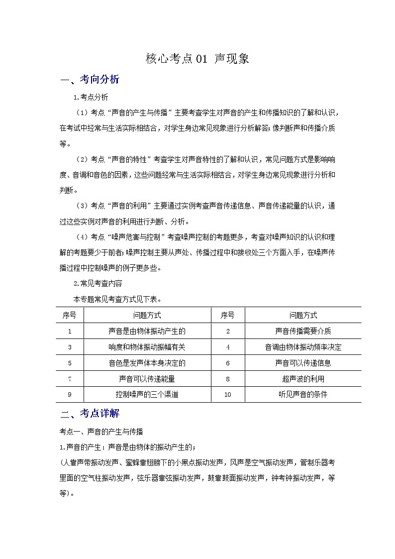 备战2023年物理新中考二轮复习热点透析 核心考点01 声现象(原卷版)第1页