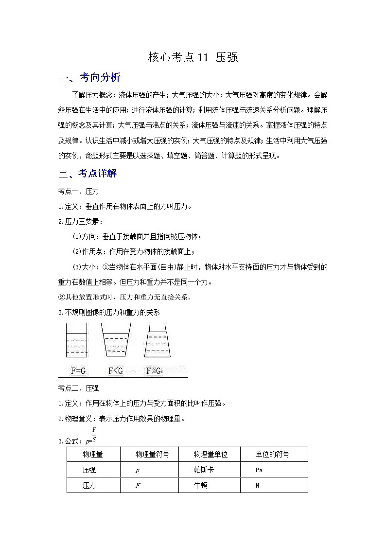 备战2023年物理新中考二轮复习热点透析 核心考点11 压强 试卷01