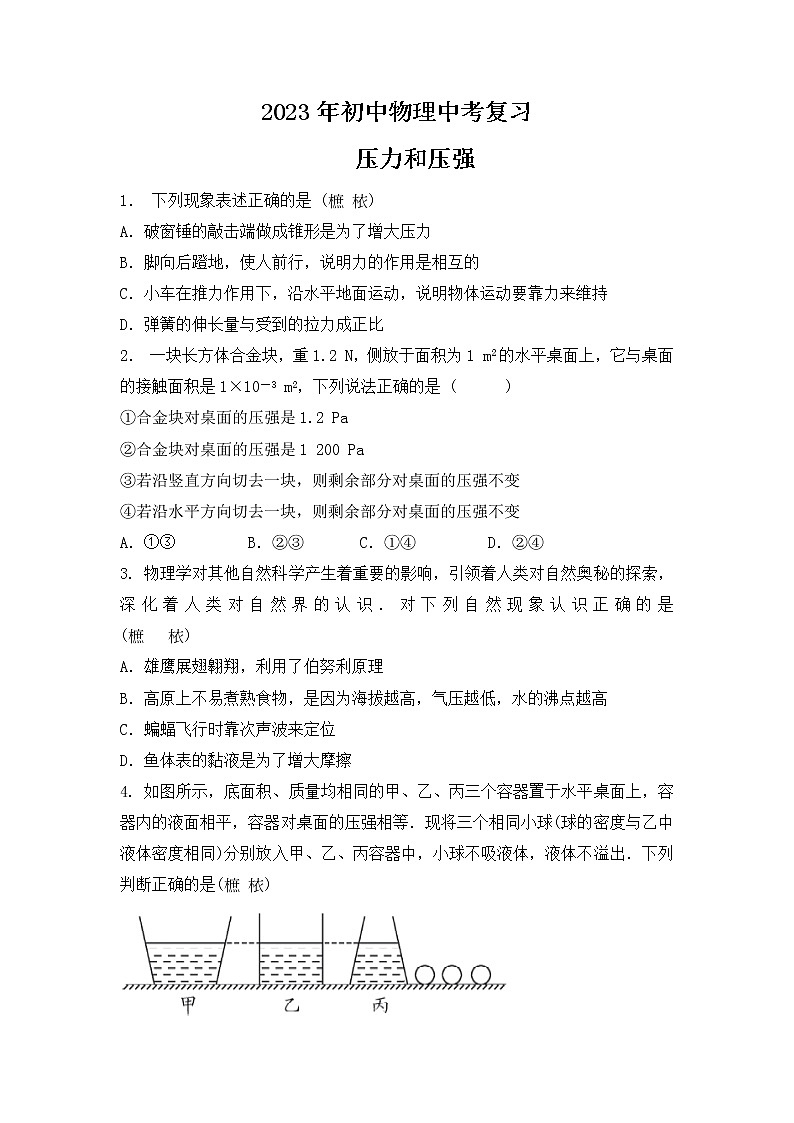 2023 年中考物理一轮复习   压力和压强第1页