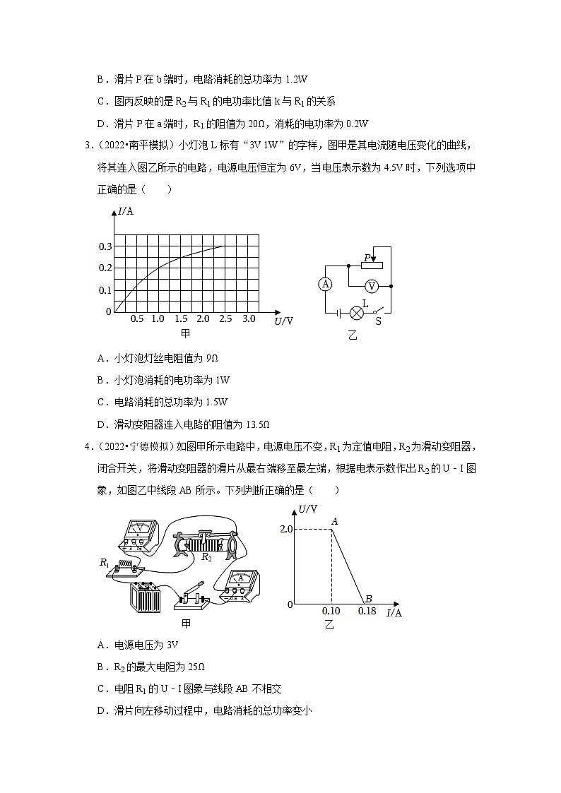 09-电功率的计算（选择题·基础题）-福建省三年（2020-2022）中考物理模拟题精选高频考点分类汇编02