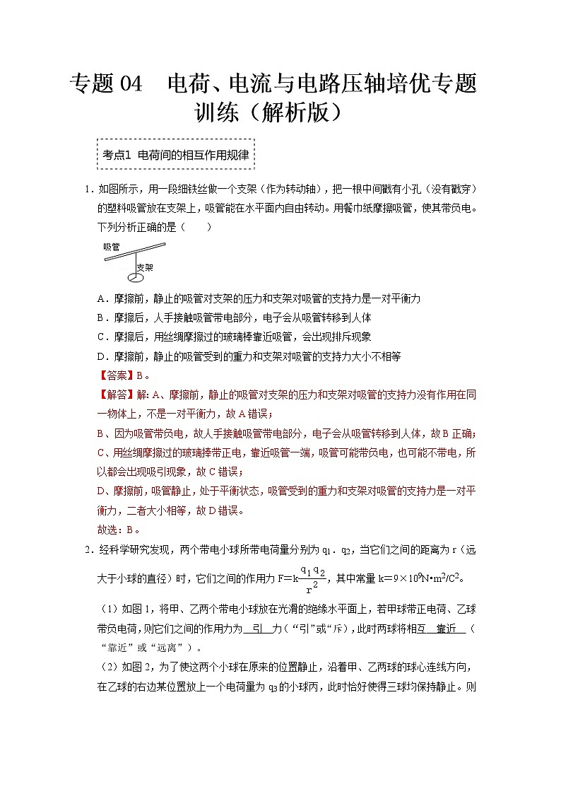专题04  电荷、电流与电路压轴培优专题训练（解析版）第1页