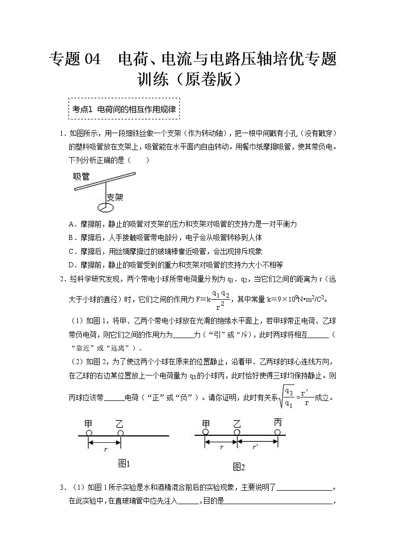 专题04  电荷、电流与电路压轴培优专题训练（原卷版）第1页