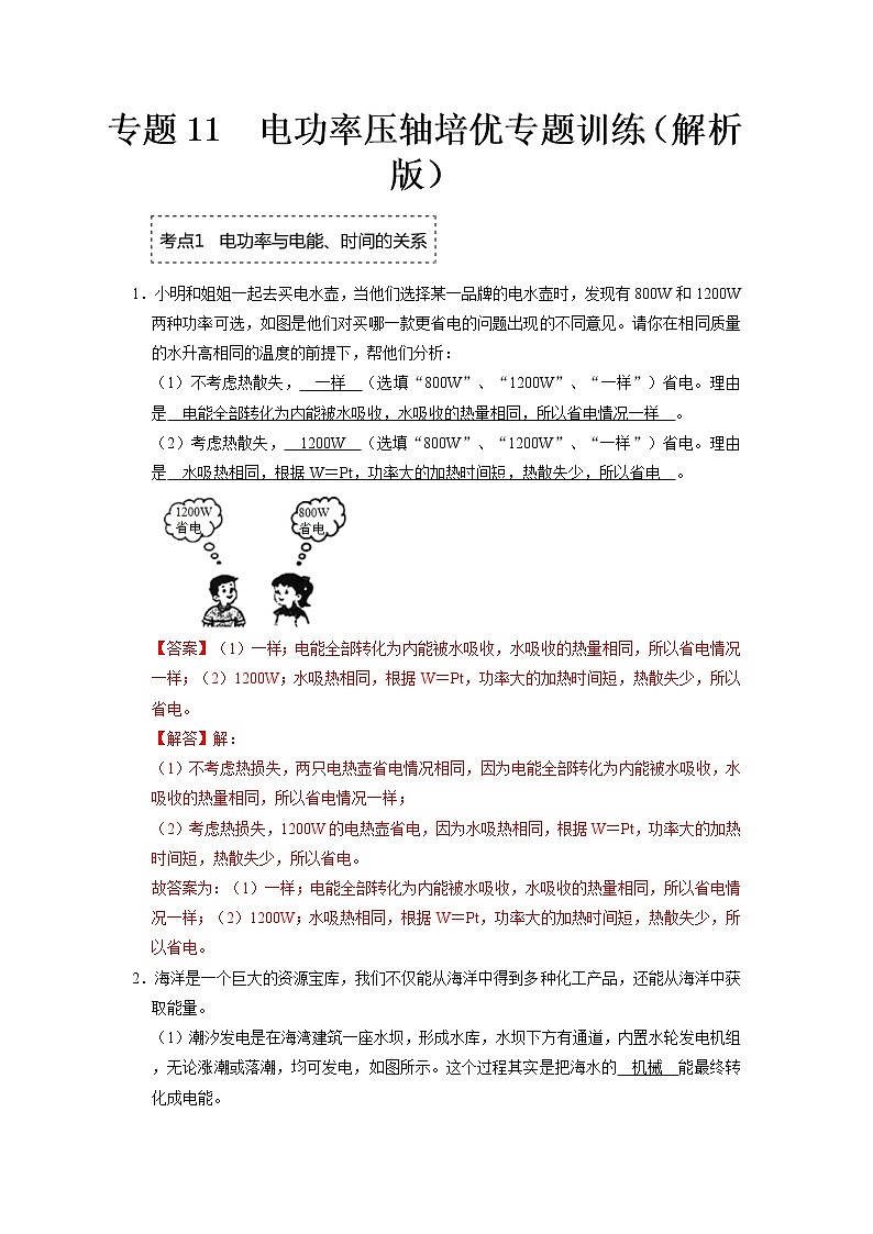 专题11  电功率压轴培优专题训练- 2022-2023 九年级全一册物理《压轴挑战》培优专题训练（人教版）01