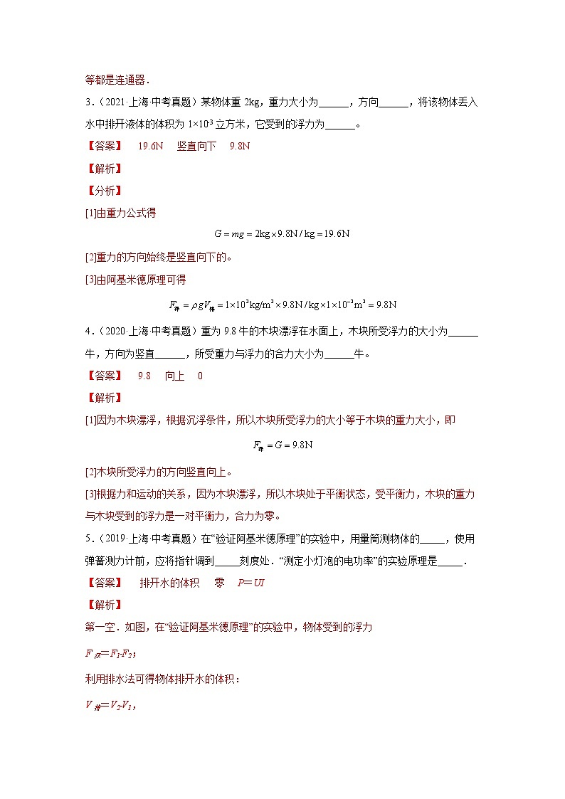 专题08 压强与浮力（基础选填题）-5年（2018-2022）中考1年模拟物理分项汇编（上海专用）（解析版）第2页