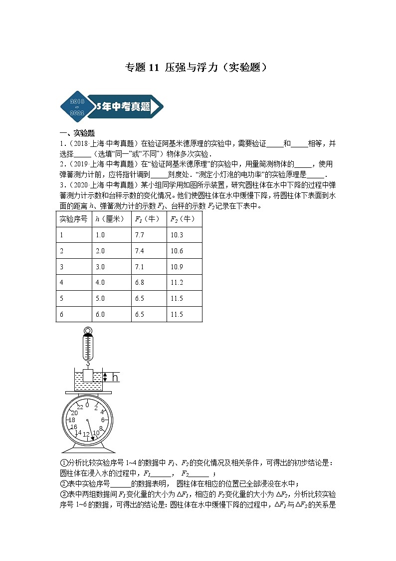 专题11 压强与浮力（实验题）-5年（2018-2022）中考1年模拟物理分项汇编（上海专用）（原卷版）01