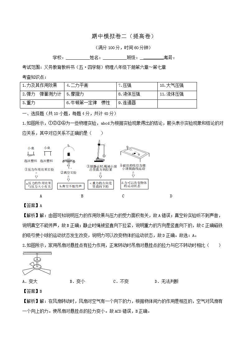 鲁教版八年级物理下册 期中模拟卷二（提高卷）（原卷+解析卷）01