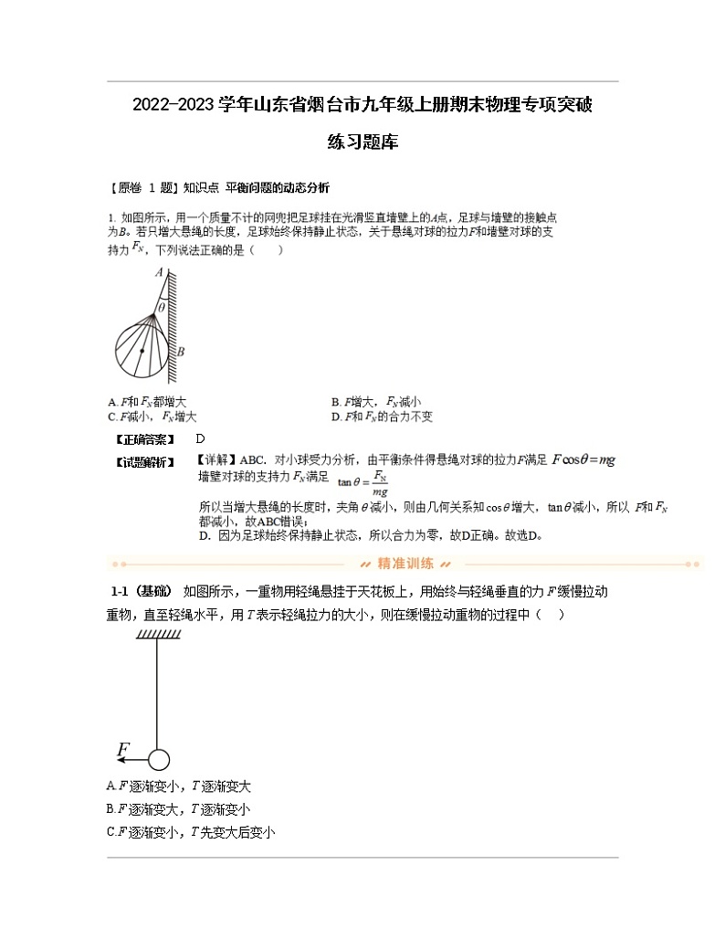 2022-2023学年山东省烟台市九年级上册期末物理专项突破练习题库（含解析）第1页