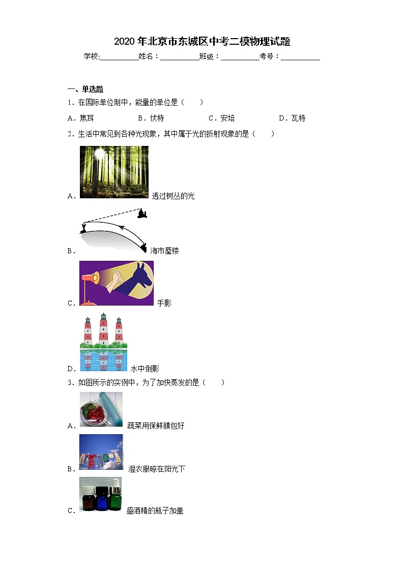 2020年北京市东城区中考二模物理试题第1页