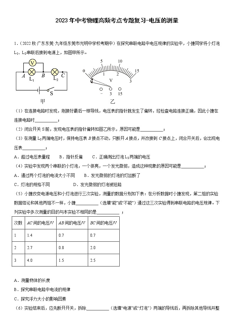2023年中考物理高频考点专题复习-电压的测量01