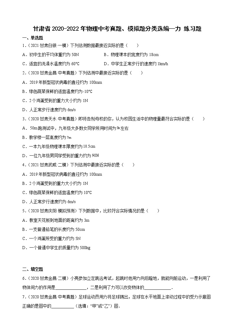 甘肃省2020-2022年物理中考真题、模拟题分类选编—力 练习题01