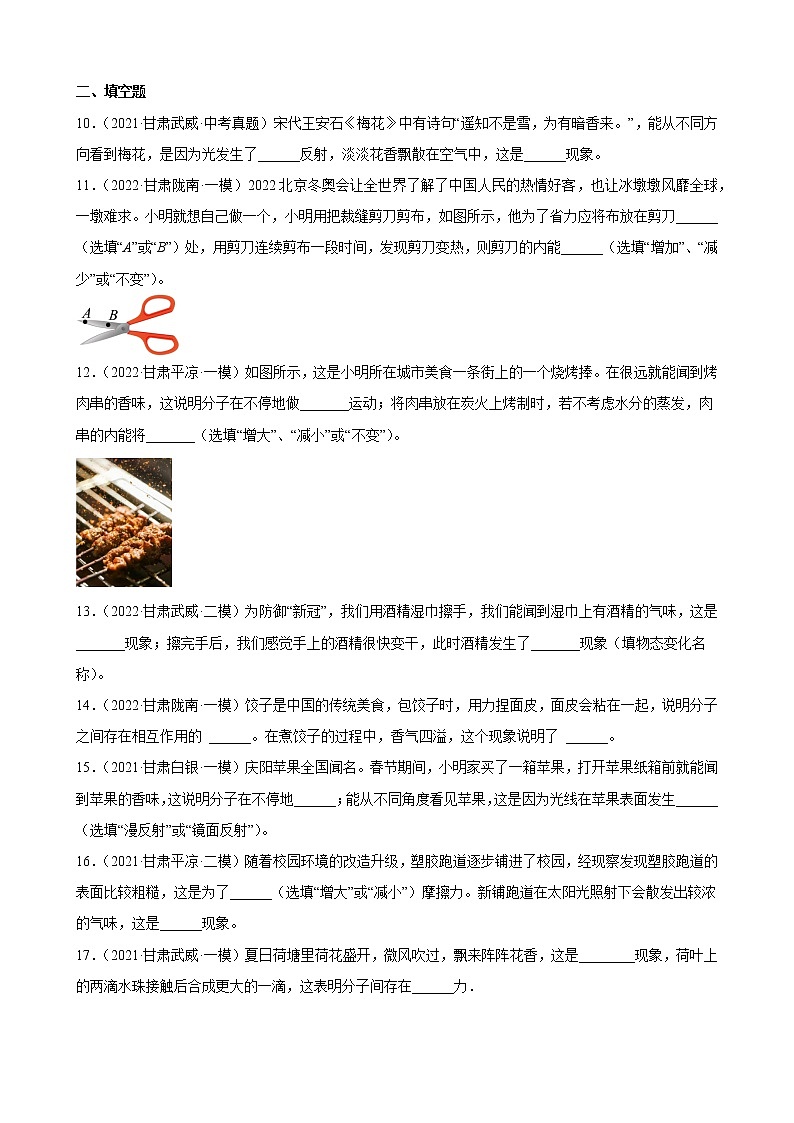 甘肃省2021、2022两年物理中考真题、模拟题分类选编—内能 练习题03