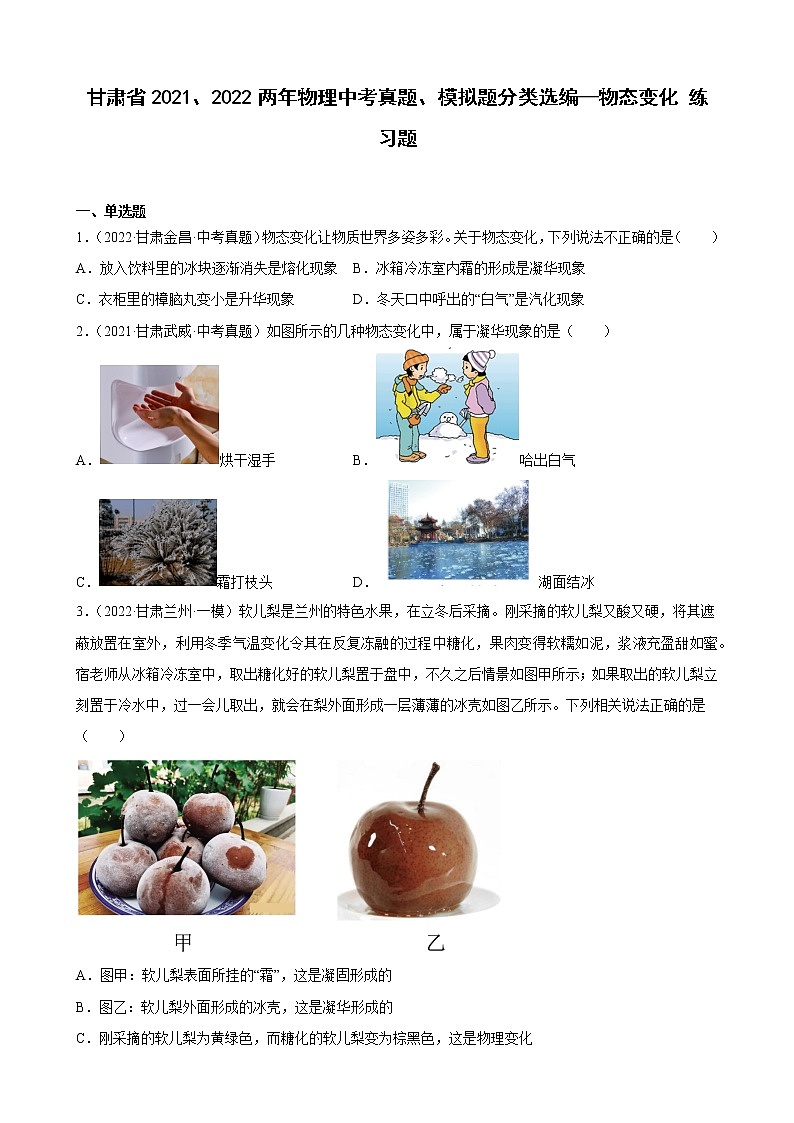甘肃省2021、2022两年物理中考真题、模拟题分类选编—物态变化 练习题01