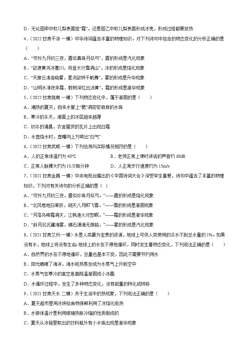 甘肃省2021、2022两年物理中考真题、模拟题分类选编—物态变化 练习题02