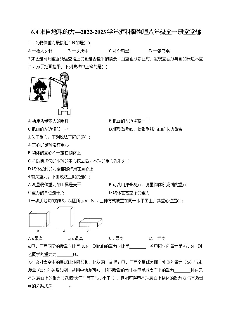 6.4来自地球的力—2022-2023学年沪科版物理八年级全一册课堂小测01