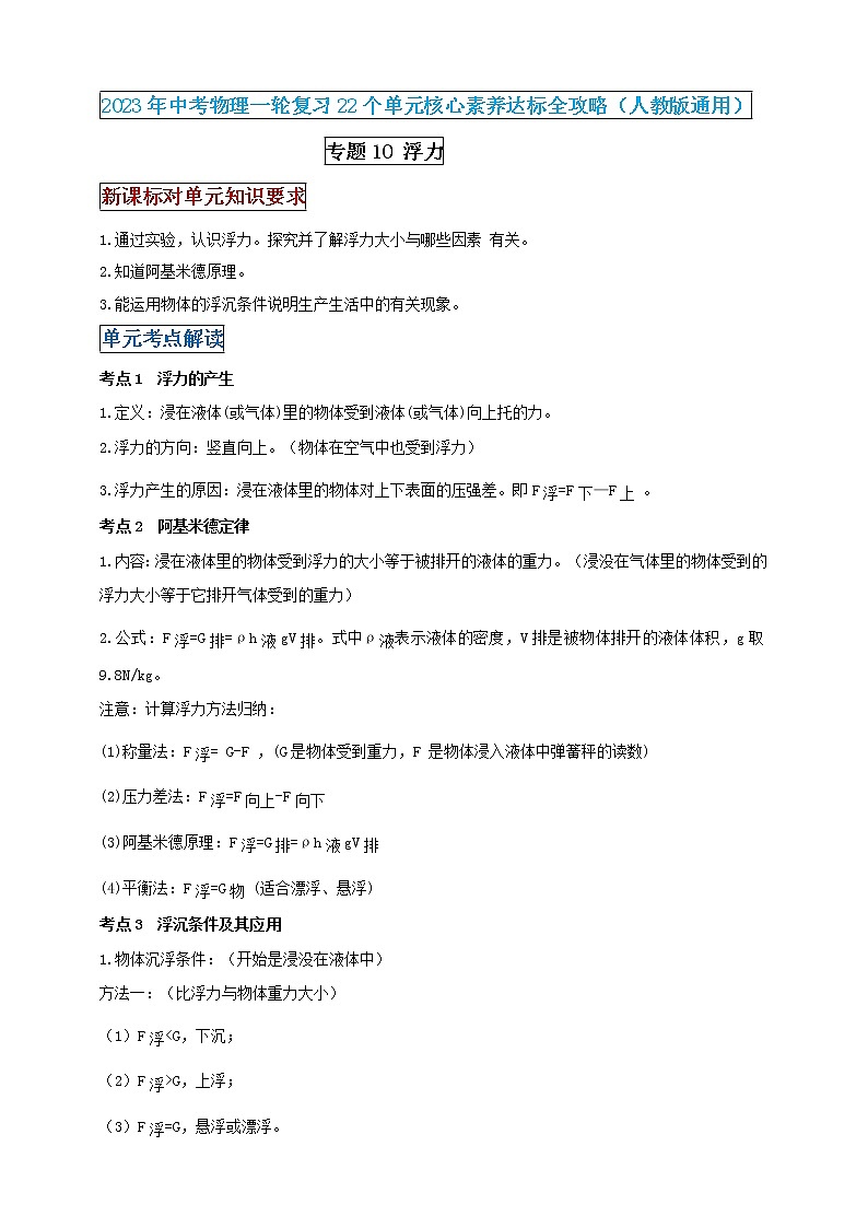 【中考一轮复习】2023届初三物理学案  专题10 浮力（原卷版＋解析版）01