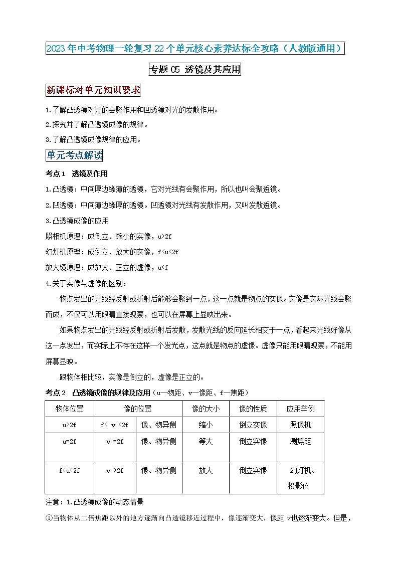【中考一轮复习】2023届初三物理学案  专题5 透镜及其应用（原卷版＋解析版）01