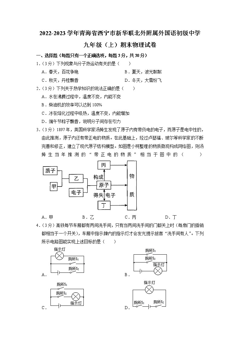青海省西宁市新华联北外附属外国语初级中学2022-2023学年九年级上学期期末物理试卷第1页