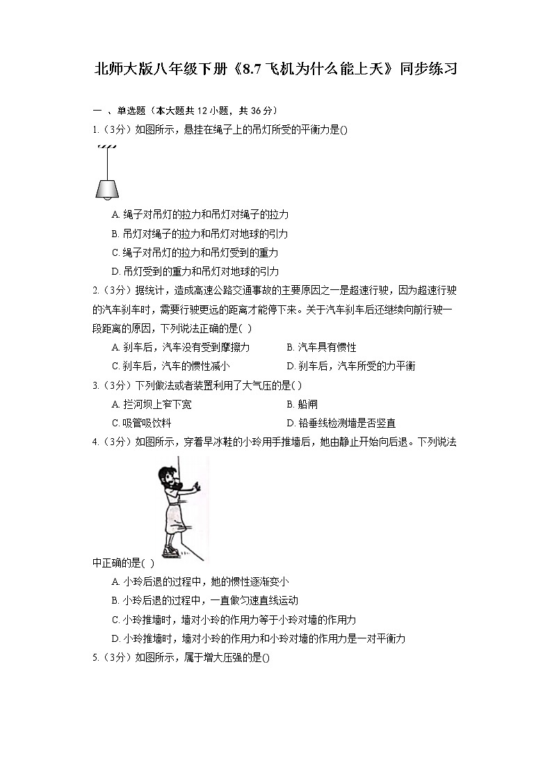 北师大版八年级下册《8.7 飞机为什么能上天》同步练习01