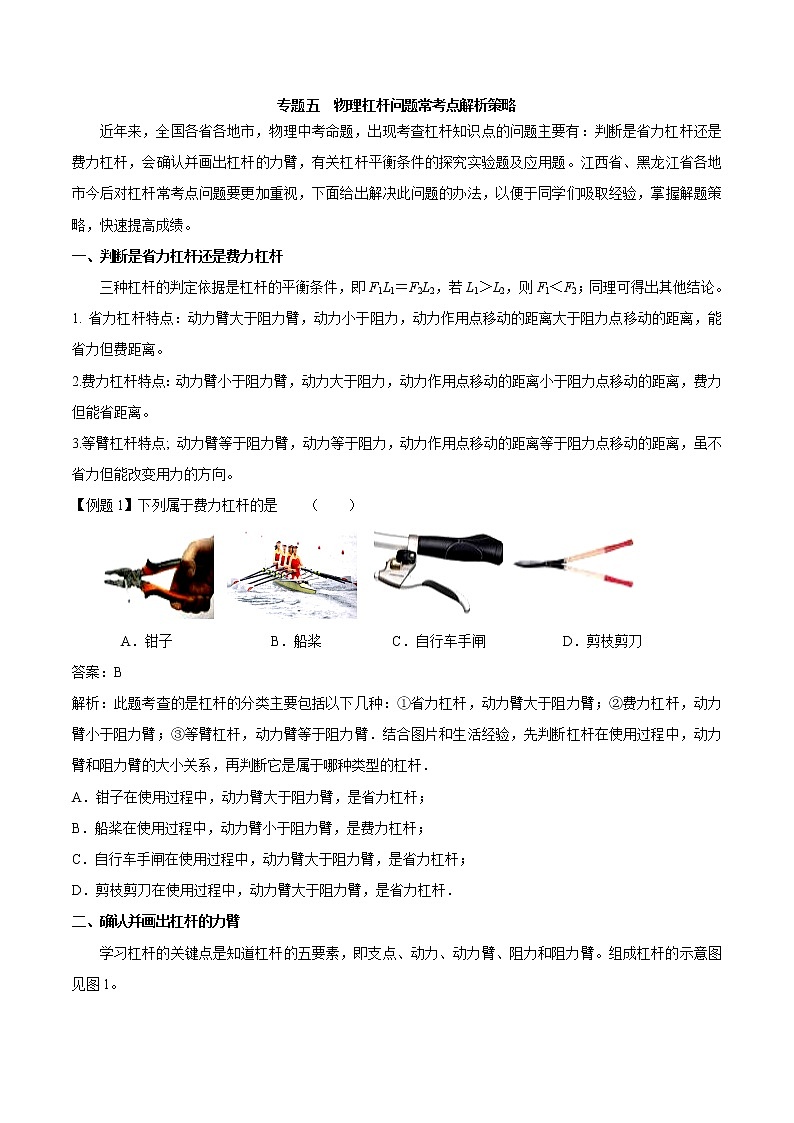 初中物理中考年年考专题：专题五 物理杠杆问题常考点解析策略第1页
