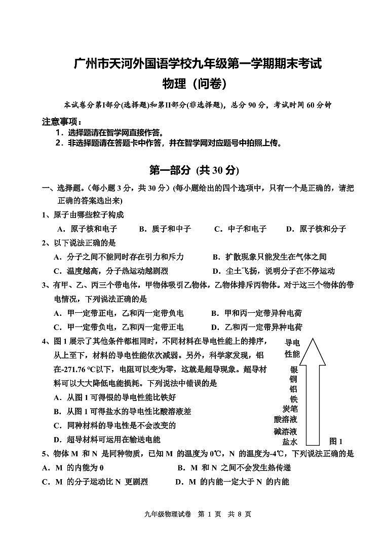 广东省广州市天河外国语学校2022－2023学年上学期九年级物理期末试卷（无答案）第1页