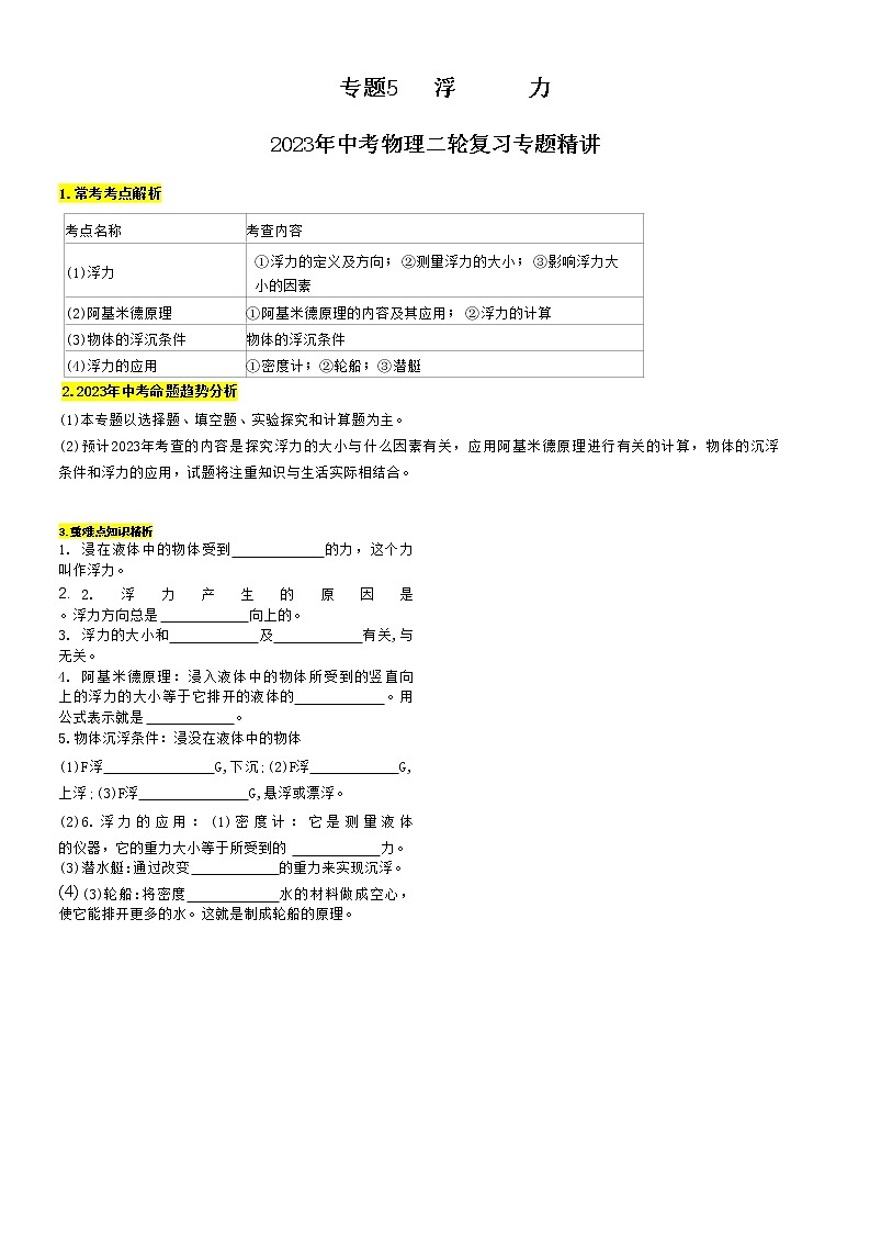 专题5  浮力-2023年中考物理二轮复习专题精讲 （学生版）第1页