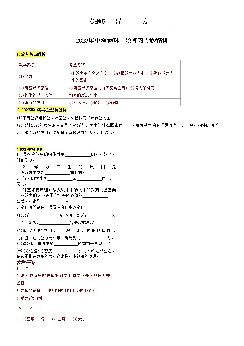 专题5 浮力-2023年中考物理二轮复习专题精讲 （教师版）第1页