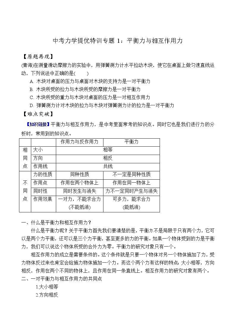 中考物理二轮复习力学培优练习专题01 平衡力与相互作用力（原卷版）第1页