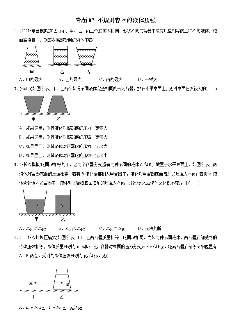 中考物理二轮复习易错专练专题07 不规则容器的液体压强（原卷版）第1页