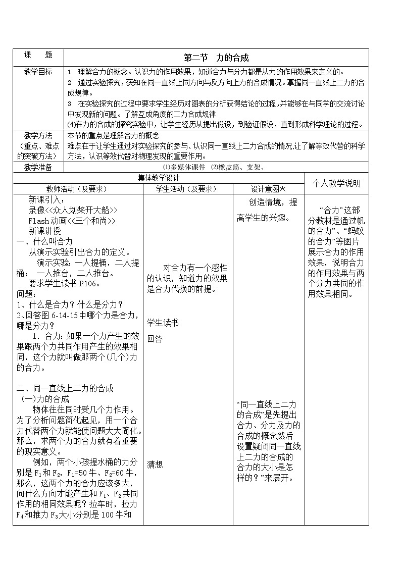 沪科版八年级物理 7.2力的合成  教案第1页
