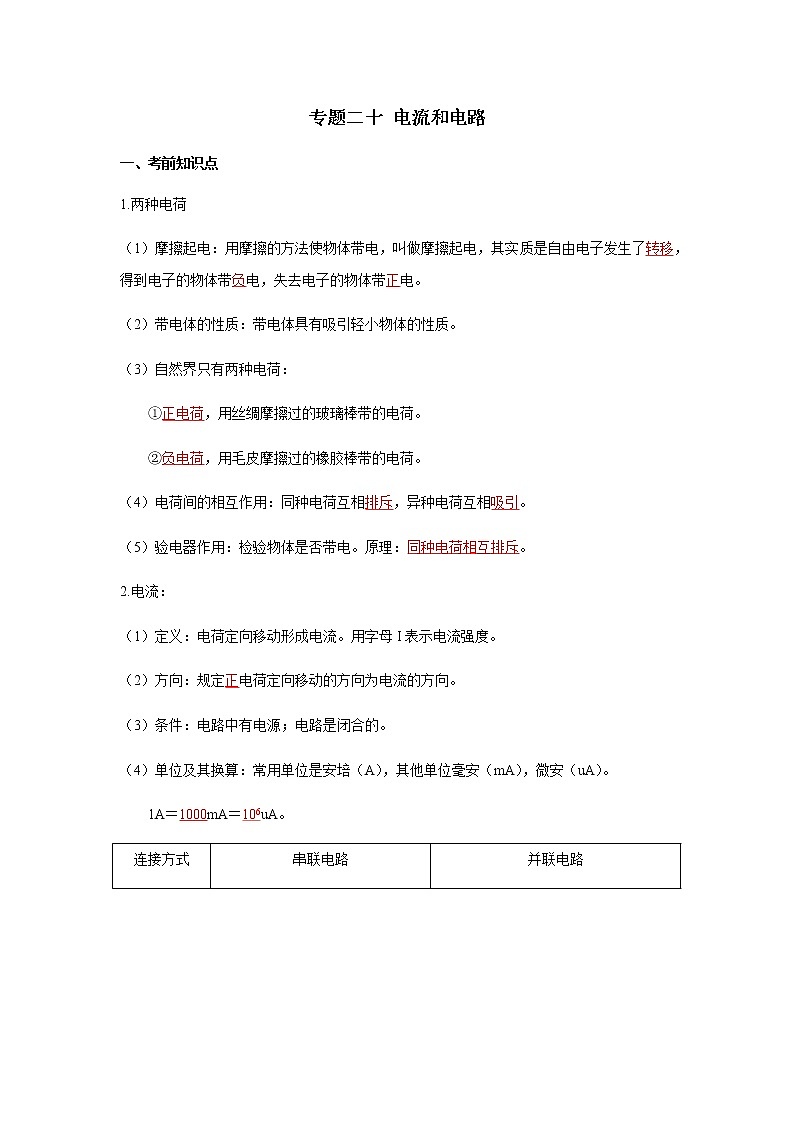 2023中考物理专题二十 电流和电路第1页