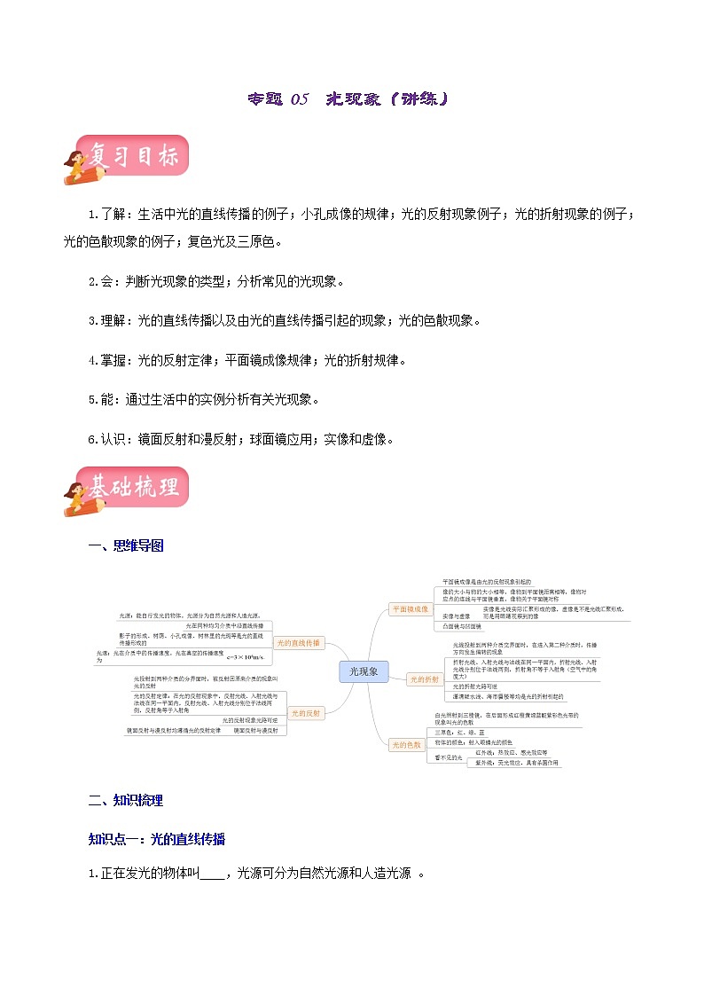中考物理一轮复习讲练测专题05  光现象（讲练）（原卷版）第1页