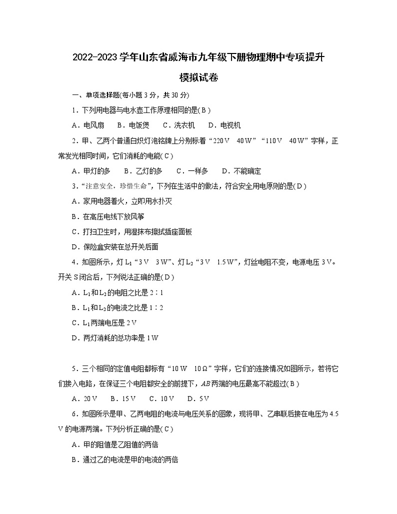 2022-2023学年山东省威海市九年级下册物理期中专项提升模拟试卷（含解析）01